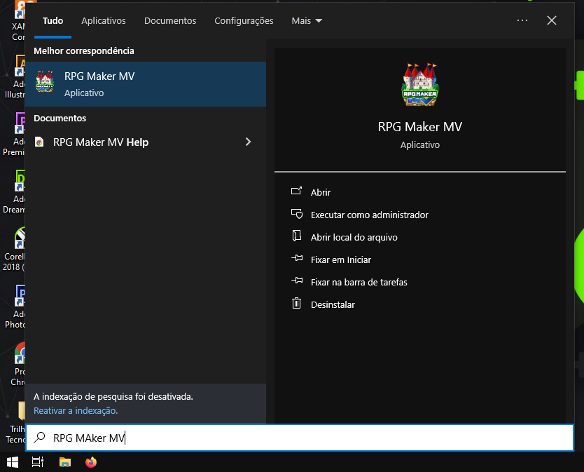 Menu iniciar pesquisando RPG Maker MV.