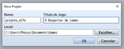 Captura de tela da janela "Novo Projeto" no RPG Maker MV.