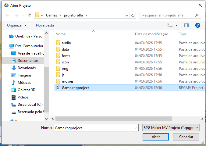 Estrutura de pastas do projeto gerada pelo RPG Maker.
