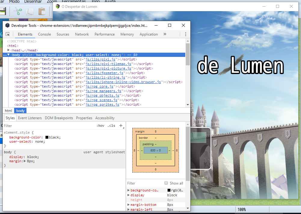 Captura de tela da janela "Developer Tools" rodando HTML5 e JavaScript.